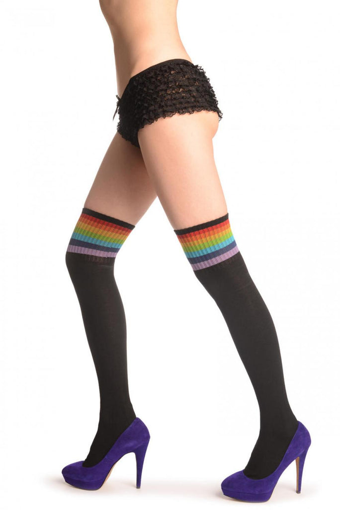 liss kiss Black Thick Cotton With Rainbow Strips Top - Over The Knee Socks