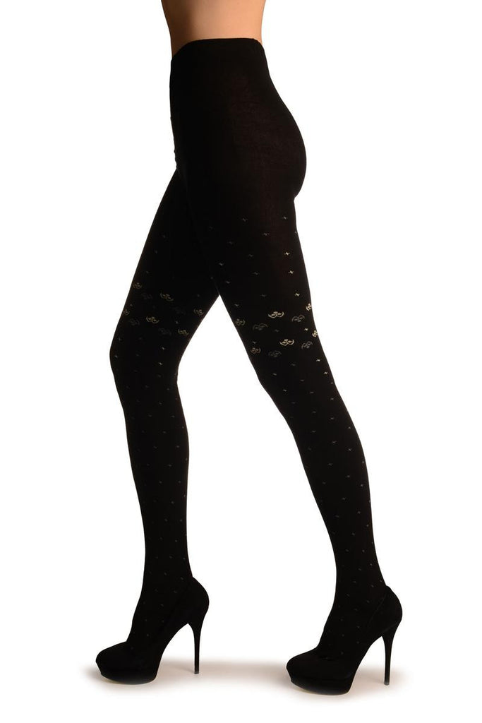 Liss Kiss Black Thick Cotton With Small Grey Stars - Tights
