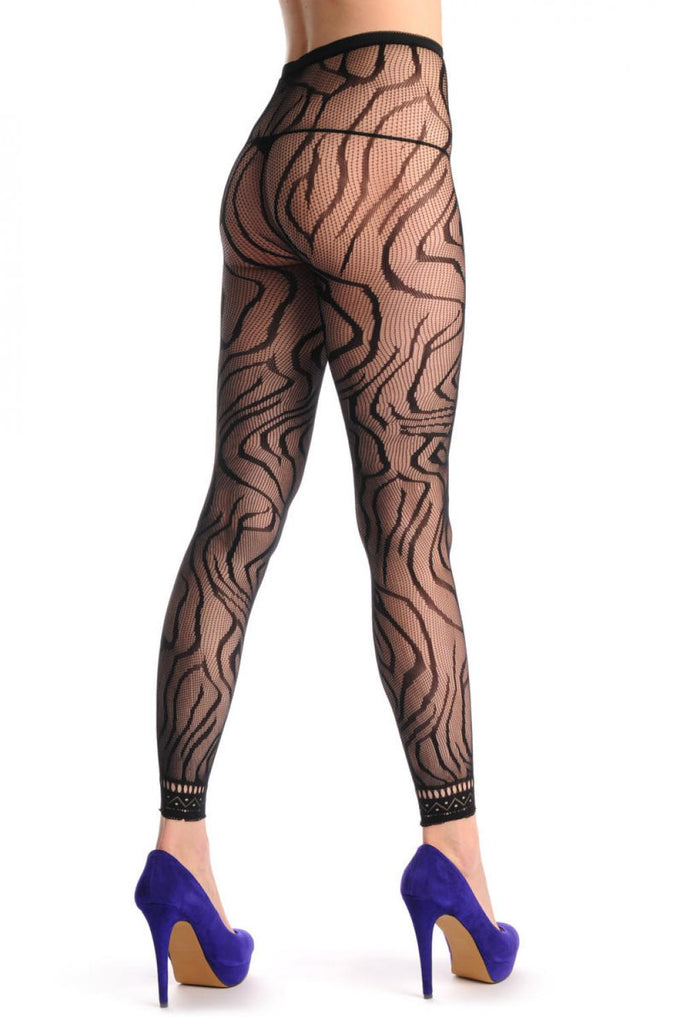 Liss Kiss Black Tiger With Lace Trim Footless Fishnet - Tights Footless