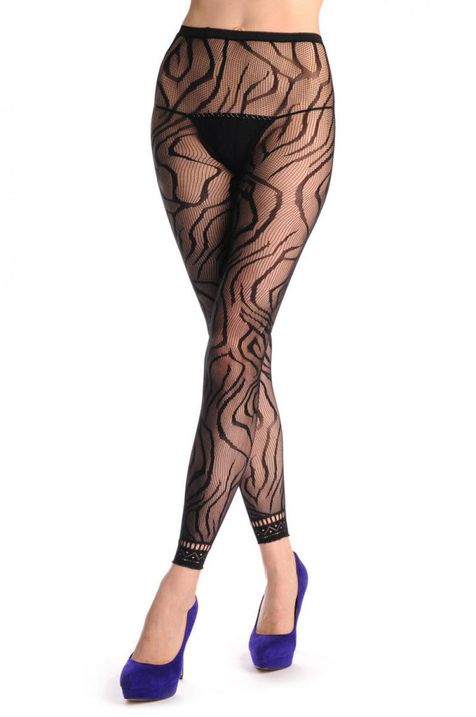 Liss Kiss Black Tiger With Lace Trim Footless Fishnet - Tights Footless