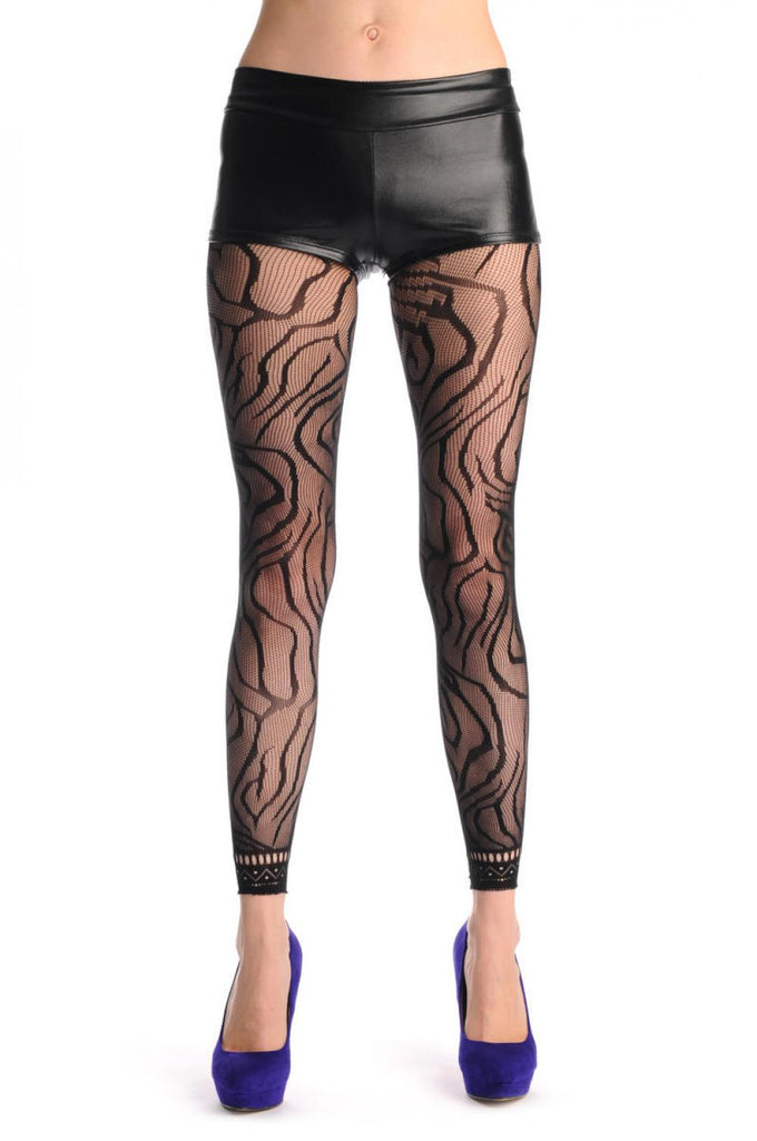 liss kiss Black Tiger With Lace Trim Footless Fishnet - Tights Footless