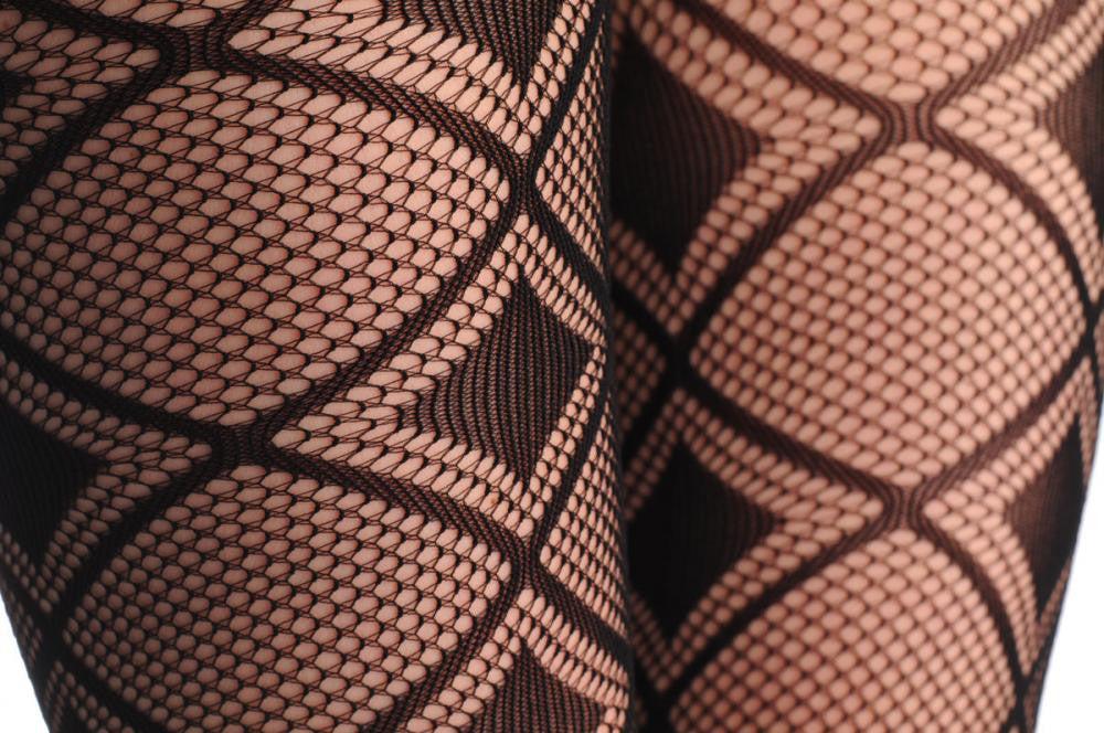 Liss Kiss Black & Transparent Rectangles With Lace Trim Footless Fishnet - Tights Footless