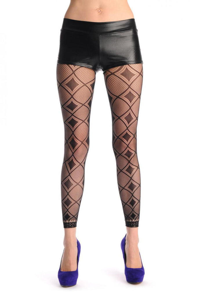 liss kiss Black & Transparent Rectangles With Lace Trim Footless Fishnet - Tights Footless