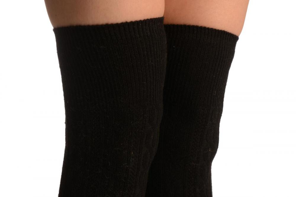 Liss Kiss Black Twist Cable Knit Merino Wool Blend - Over The Knee Socks