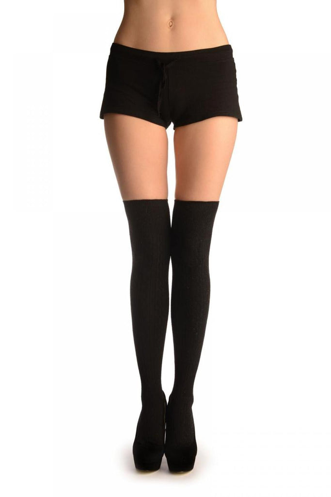 Liss Kiss Black Twist Cable Knit Merino Wool Blend - Over The Knee Socks