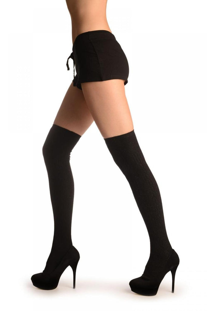 liss kiss Black Twist Cable Knit Merino Wool Blend - Over The Knee Socks