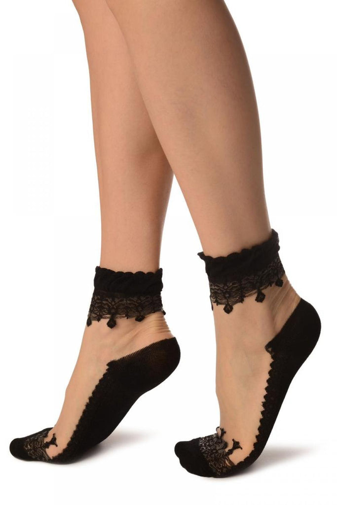Liss Kiss Black Versalles Lace On Invisible Mesh Ankle High Socks - Socks
