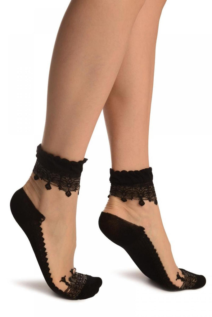 Liss Kiss Black Versalles Lace On Invisible Mesh Ankle High Socks - Socks