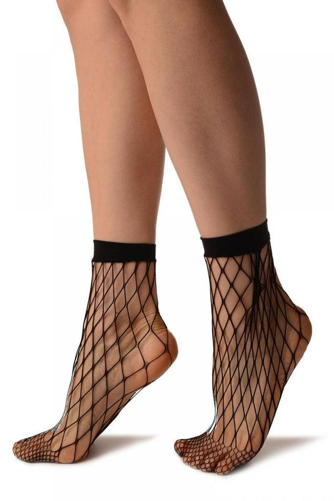 Liss Kiss Black Very Large Fishnet With Lace Trim Socks Ankle High - Socks