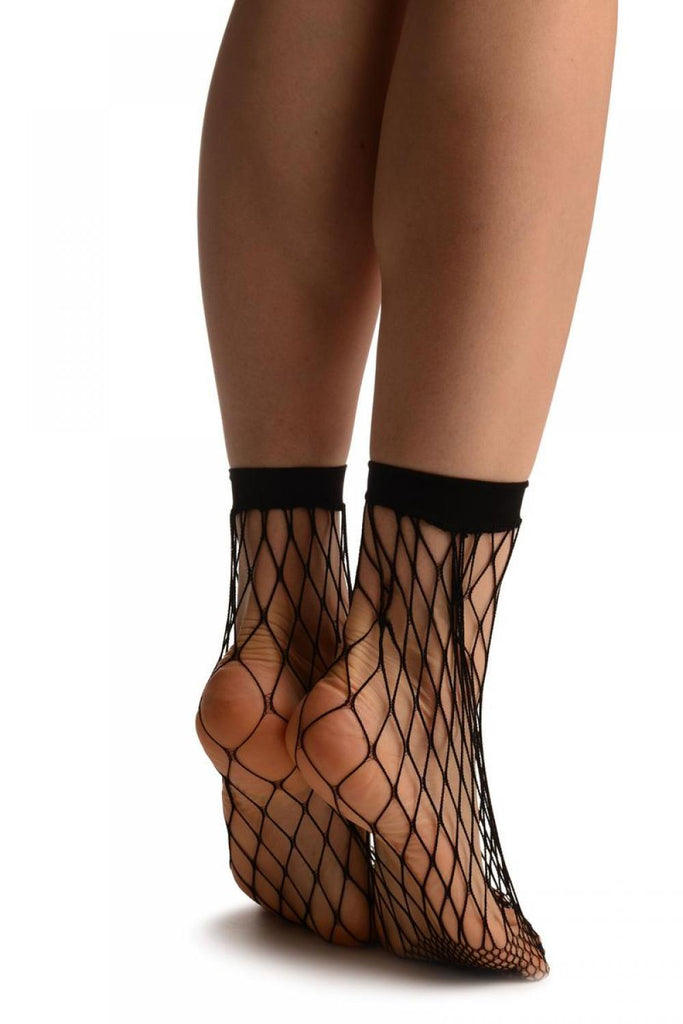 Liss Kiss Black Very Large Fishnet With Lace Trim Socks Ankle High - Socks