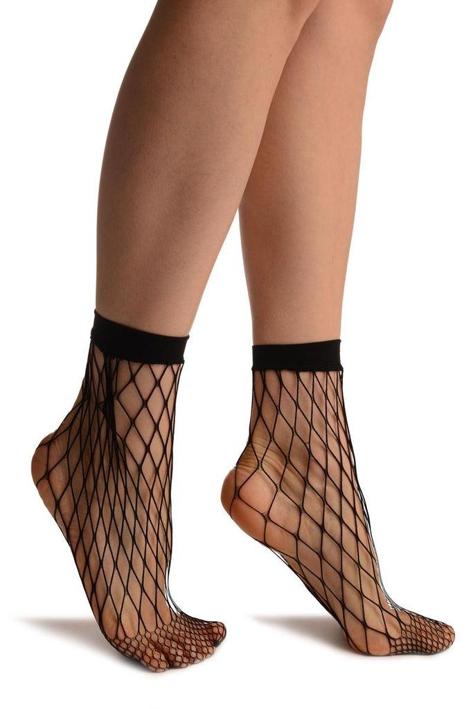 liss kiss Black Very Large Fishnet With Lace Trim Socks Ankle High - Socks