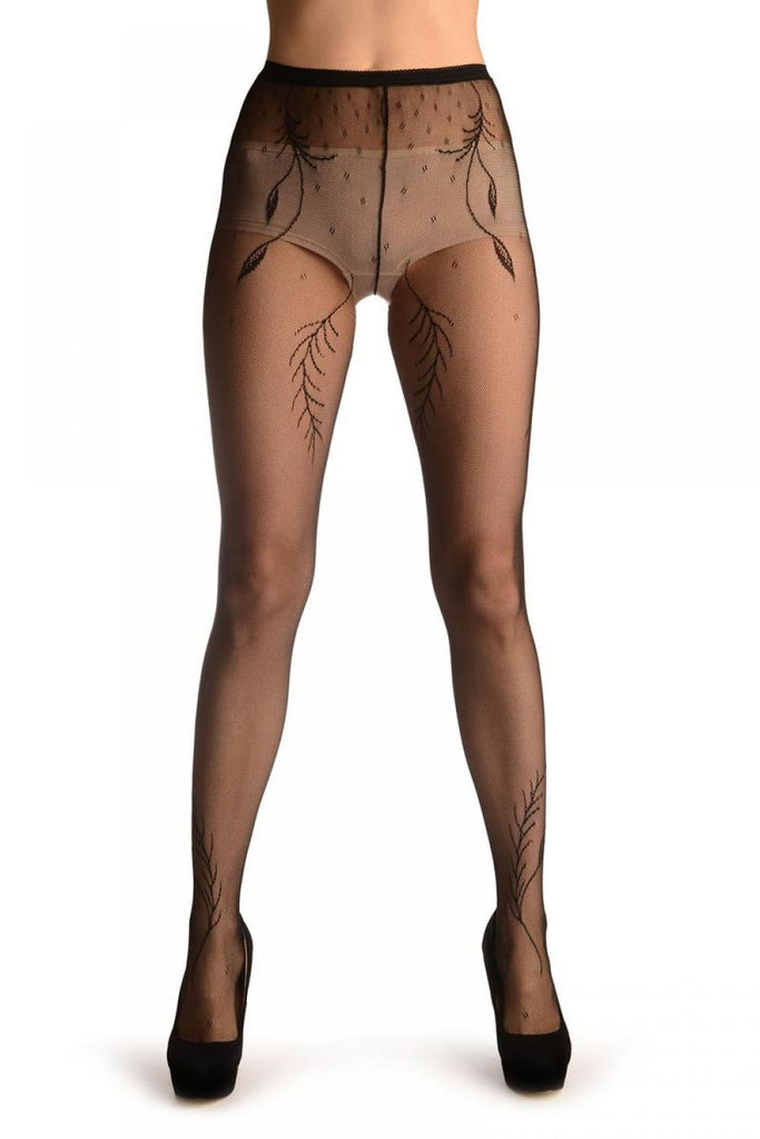Liss Kiss Black Vintage Lace With Leaves & Seam (Petite) - Tights