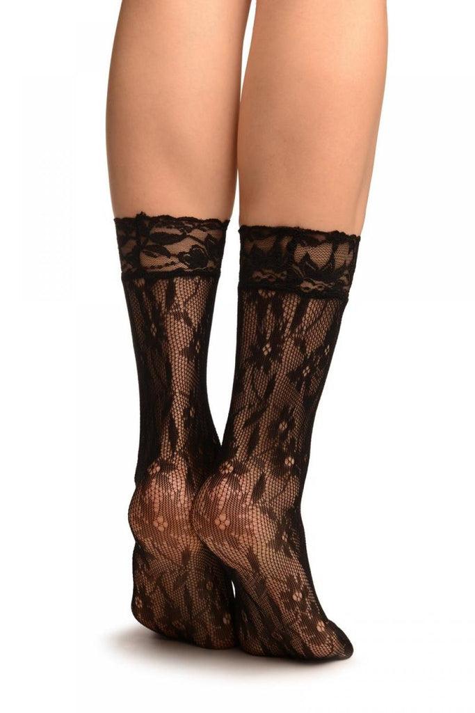 Liss Kiss Black Viola Flowers Lace Ankle High Socks - Socks