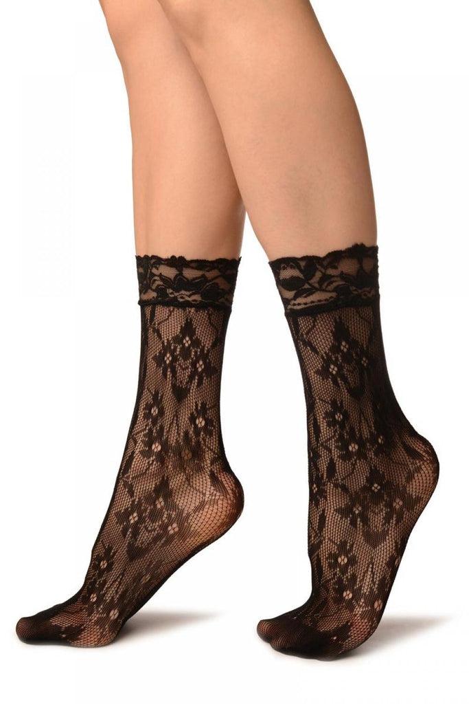 Liss Kiss Black Viola Flowers Lace Ankle High Socks - Socks