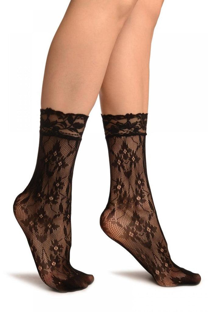 liss kiss Black Viola Flowers Lace Ankle High Socks - Socks