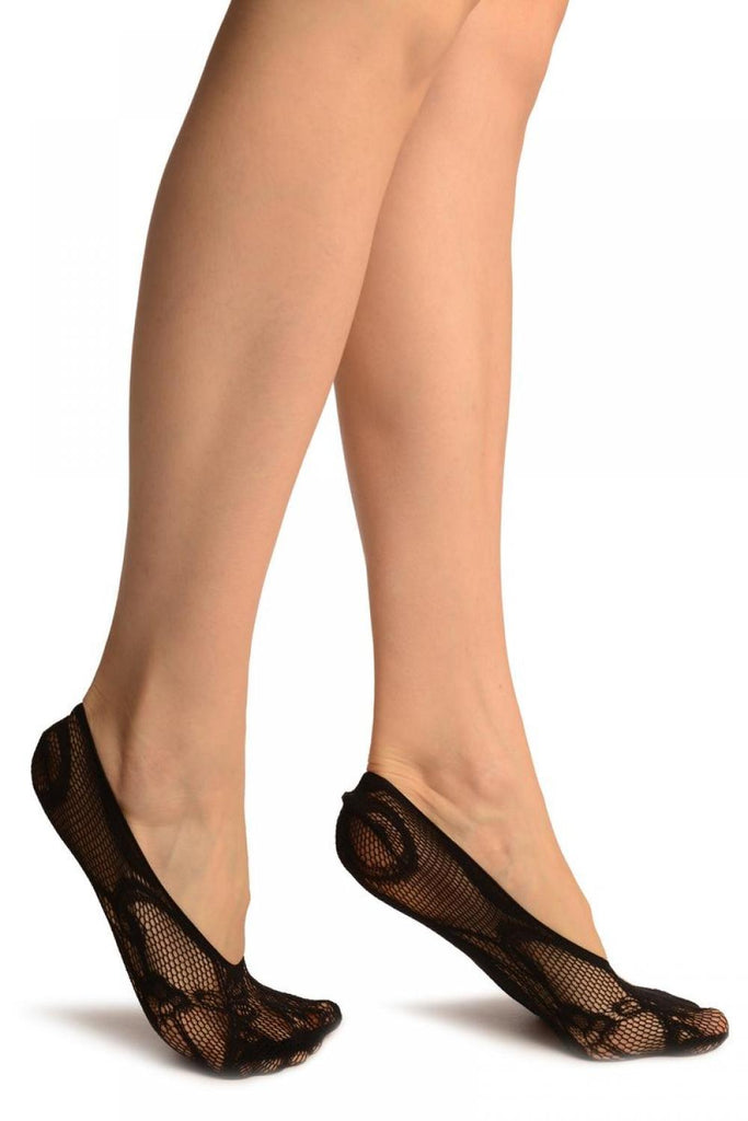 Liss Kiss Black Violet Flowers Lace Footies - Footsies Socks