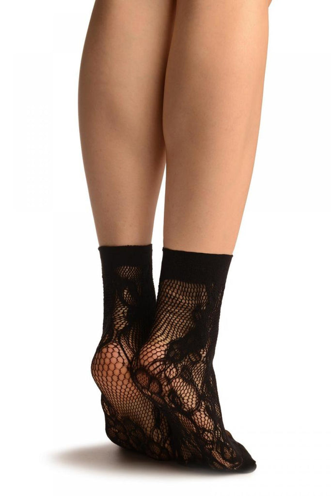 Liss Kiss Black Violet Flowers Lace Socks Ankle High - Socks