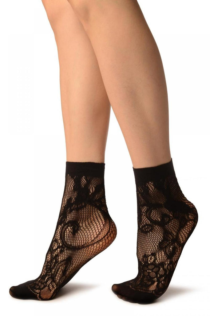 Liss Kiss Black Violet Flowers Lace Socks Ankle High - Socks