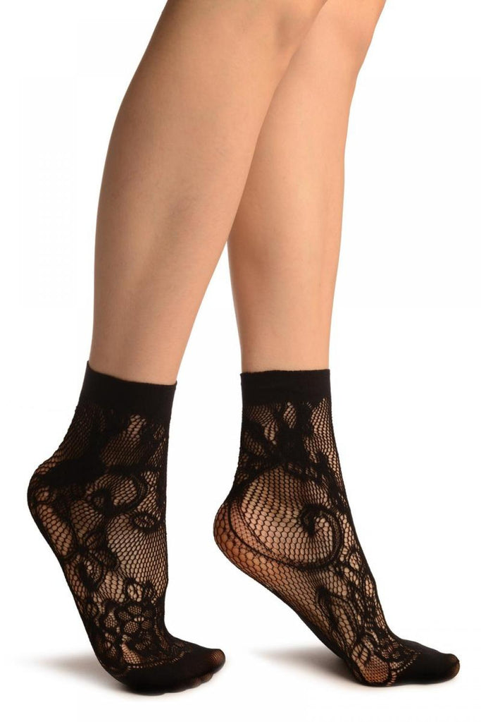 liss kiss Black Violet Flowers Lace Socks Ankle High - Socks