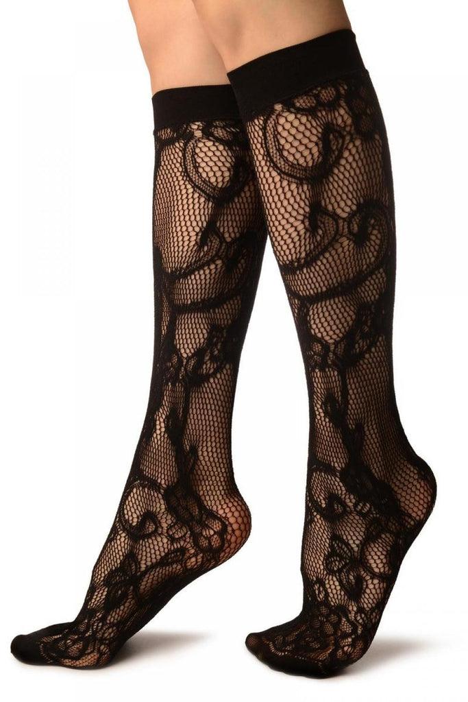 Liss Kiss Black Violet Flowers Lace Socks Knee High - Socks