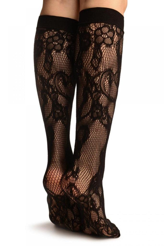 Liss Kiss Black Violet Flowers Lace Socks Knee High - Socks
