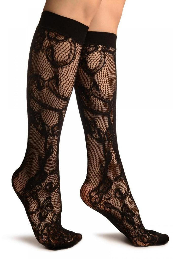 liss kiss Black Violet Flowers Lace Socks Knee High - Socks