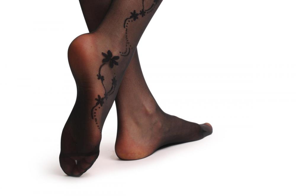 Liss Kiss Black Waved Side Seam With Little Flowers & Dots - Hold Ups