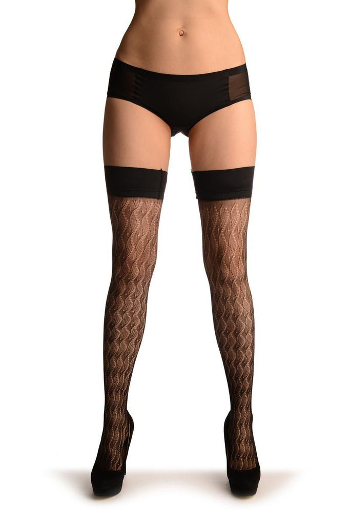 Liss Kiss Black Wavy Crochet Lace With Silicon Garter - Hold Ups