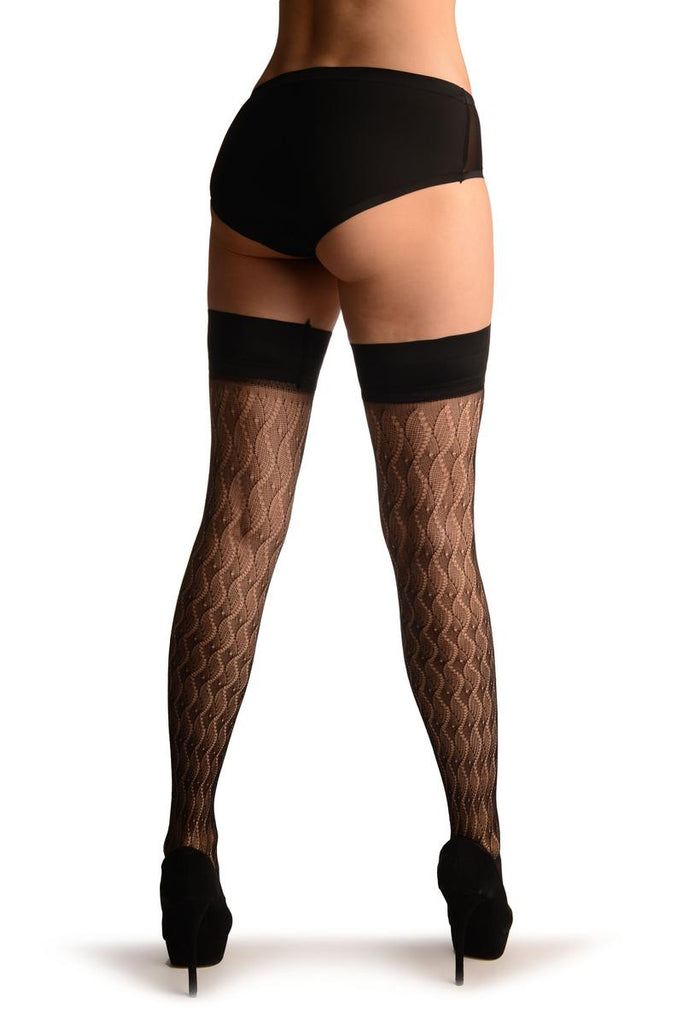 Liss Kiss Black Wavy Crochet Lace With Silicon Garter - Hold Ups