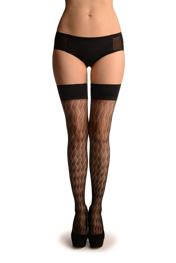 Liss Kiss Black Wavy Crochet Lace With Silicon Garter - Hold Ups