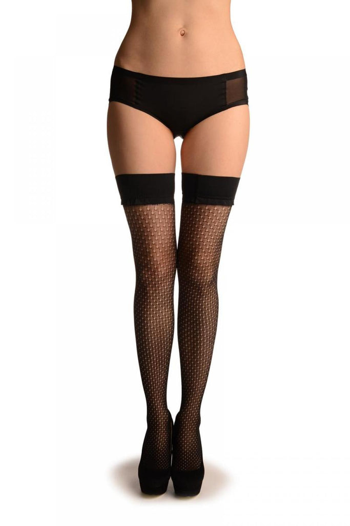 liss kiss Black Wavy Dotted Lace With Silicon Garter - Hold Ups