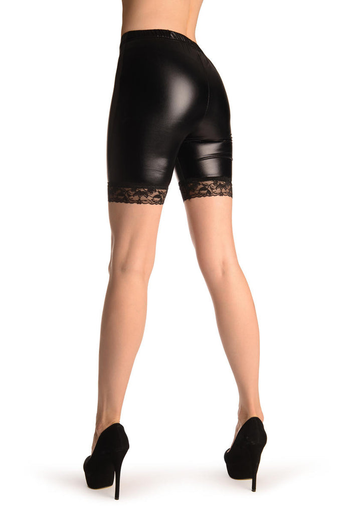 liss kiss Black Wet Look Shorts With Lace Trim - Shorts