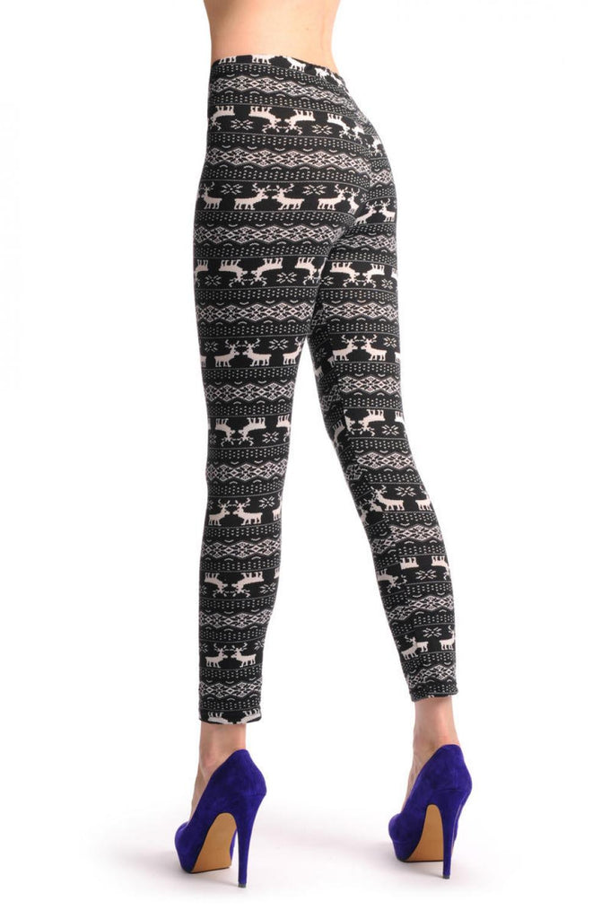 Liss Kiss Black & White Reindeers Aztec Jacquard Knit Print - Leggings