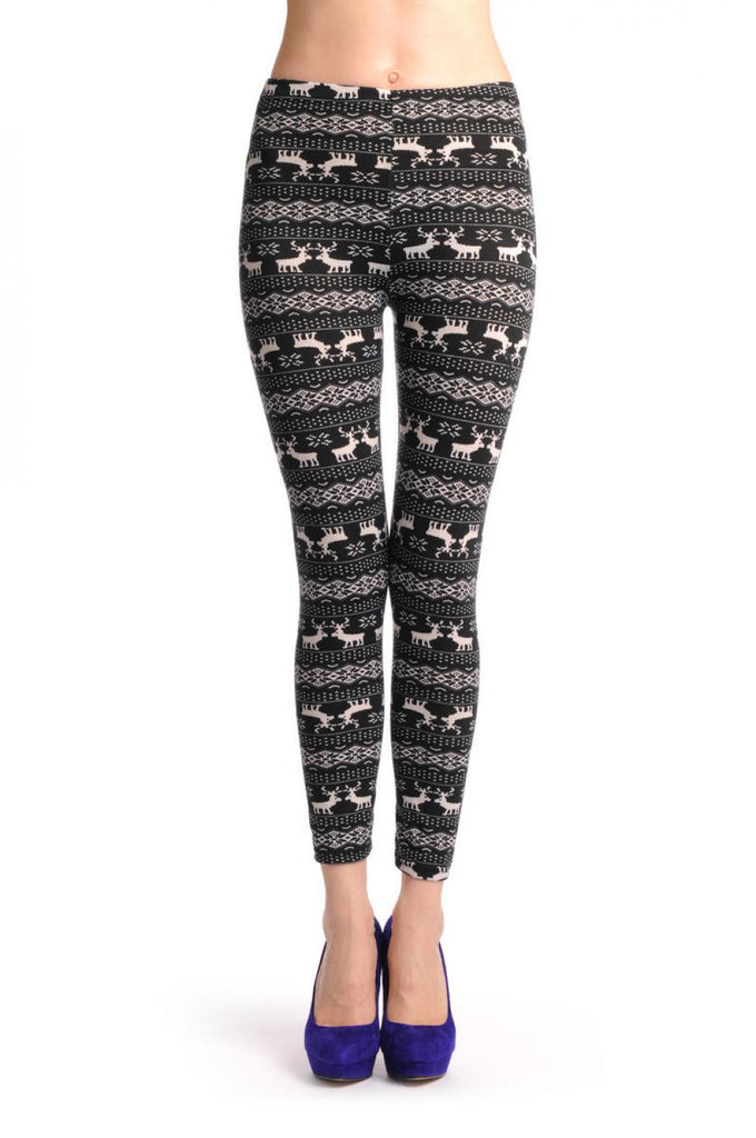 Liss Kiss Black & White Reindeers Aztec Jacquard Knit Print - Leggings