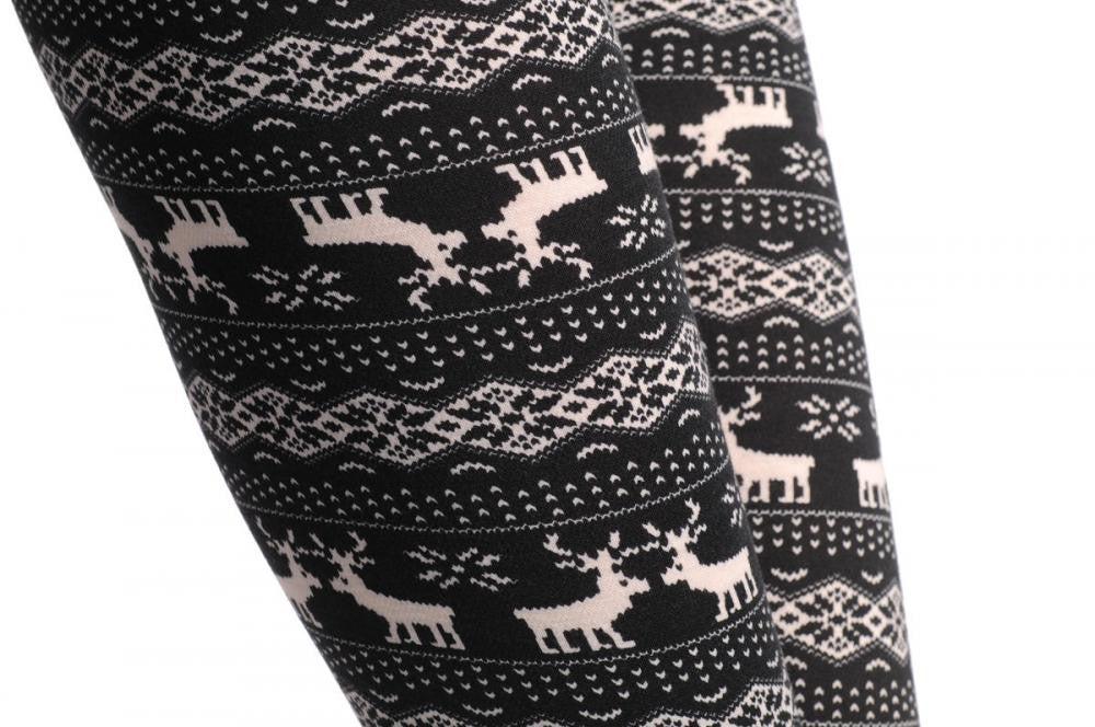 Liss Kiss Black & White Reindeers Aztec Jacquard Knit Print - Leggings