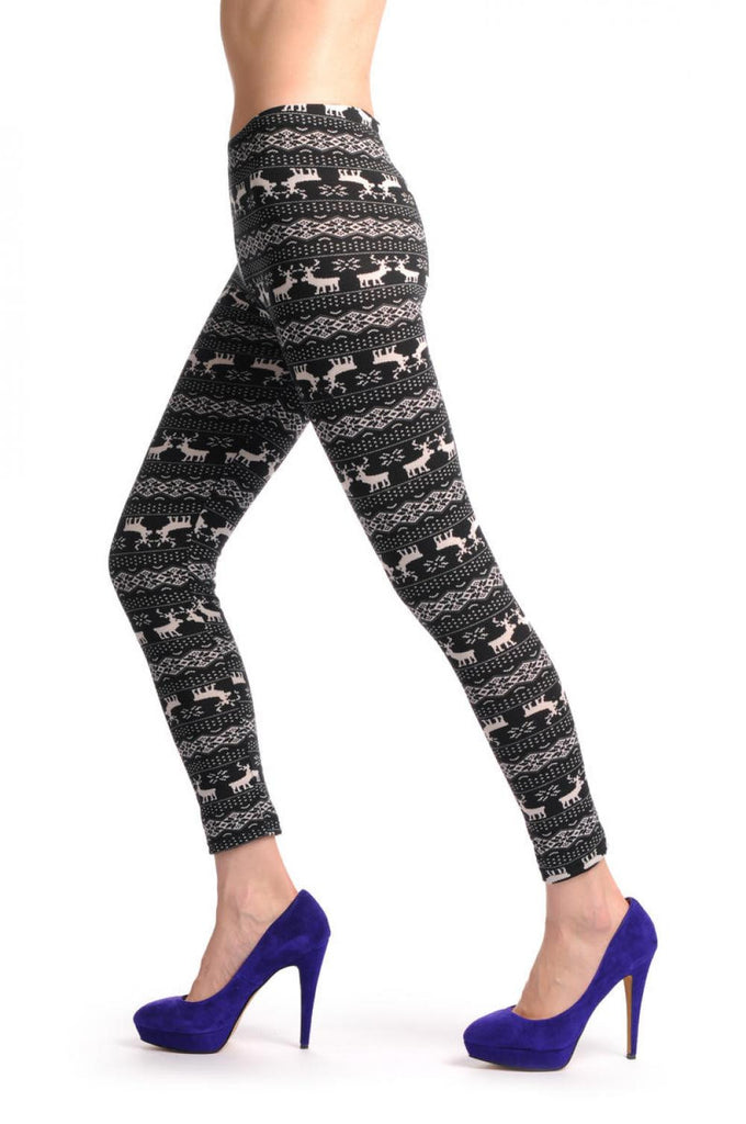 liss kiss Black & White Reindeers Aztec Jacquard Knit Print - Leggings