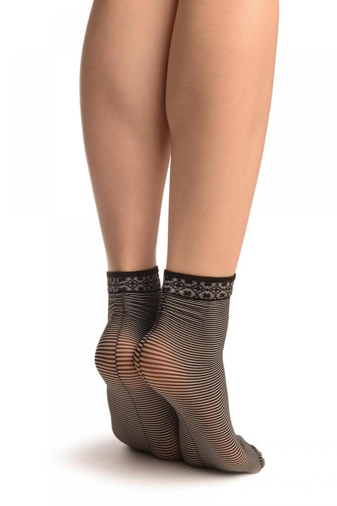 Liss Kiss Black & White Stripes With Geometrical Top Ankle High Socks - Socks