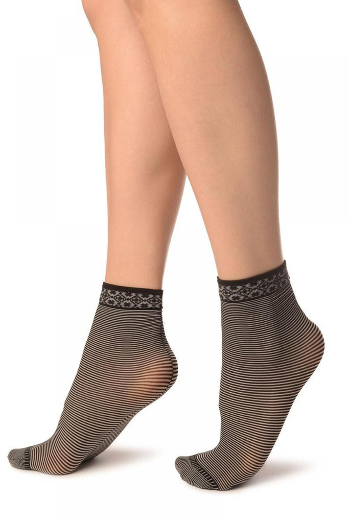 Liss Kiss Black & White Stripes With Geometrical Top Ankle High Socks - Socks
