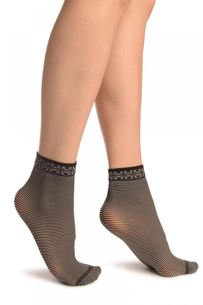 Liss Kiss Black & White Stripes With Geometrical Top Ankle High Socks - Socks