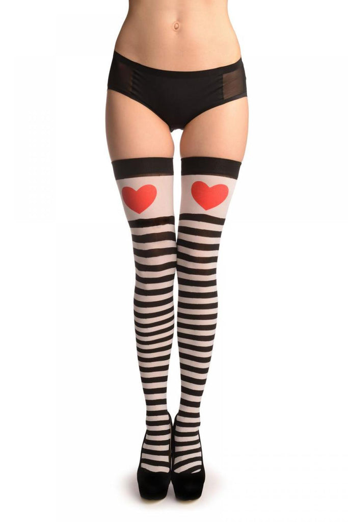 liss kiss Black & White Stripes With Printed Red Heart - Hold Ups