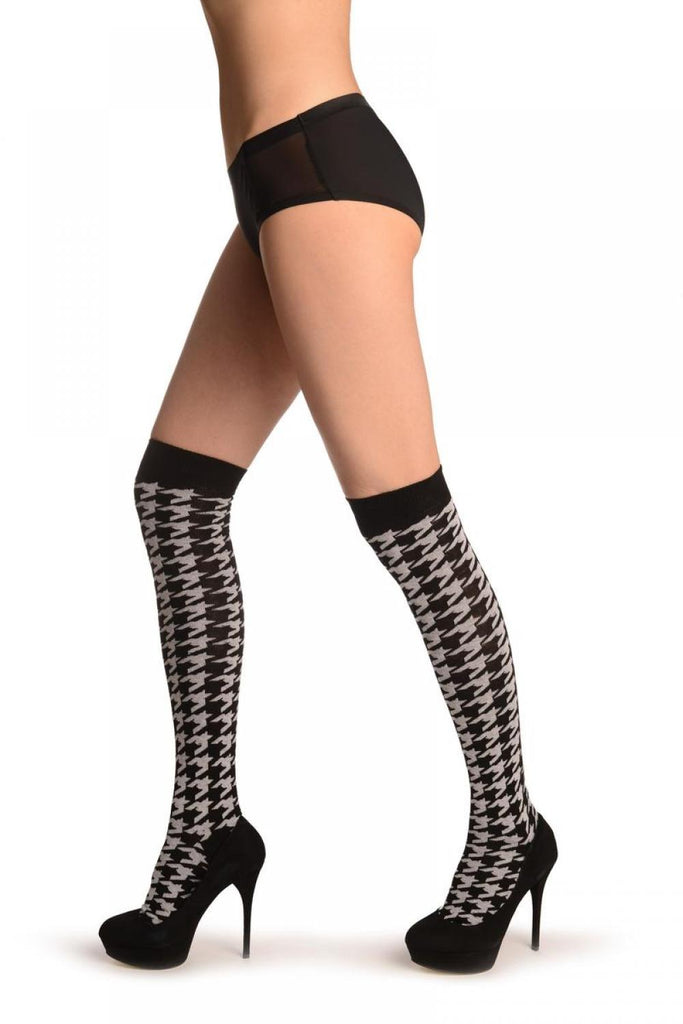Liss Kiss Black & White Woven Dogtooth - Over The Knee Socks