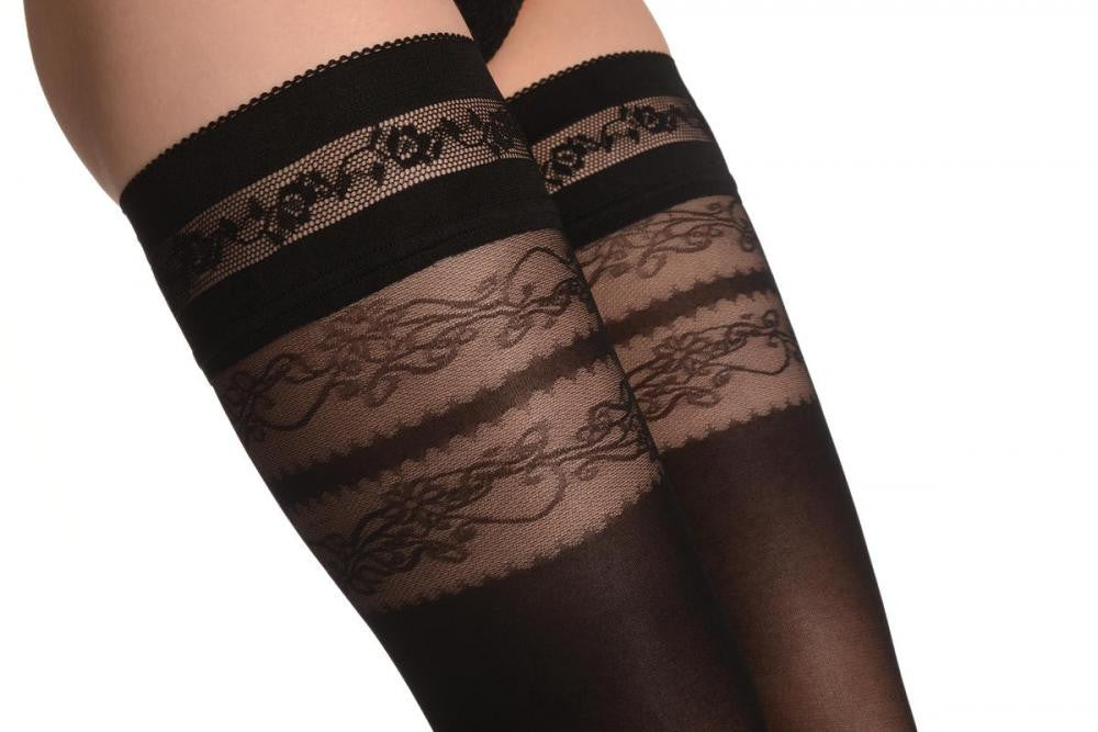 Liss Kiss Black With 3 Floral Mesh Stripes And Silicon Lace 40 Den - Hold Ups