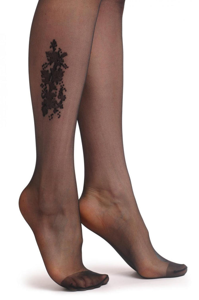 Liss Kiss Black With Ankle Flowers Bouquet & Floral Silicon Garter 12 Den - Hold Ups