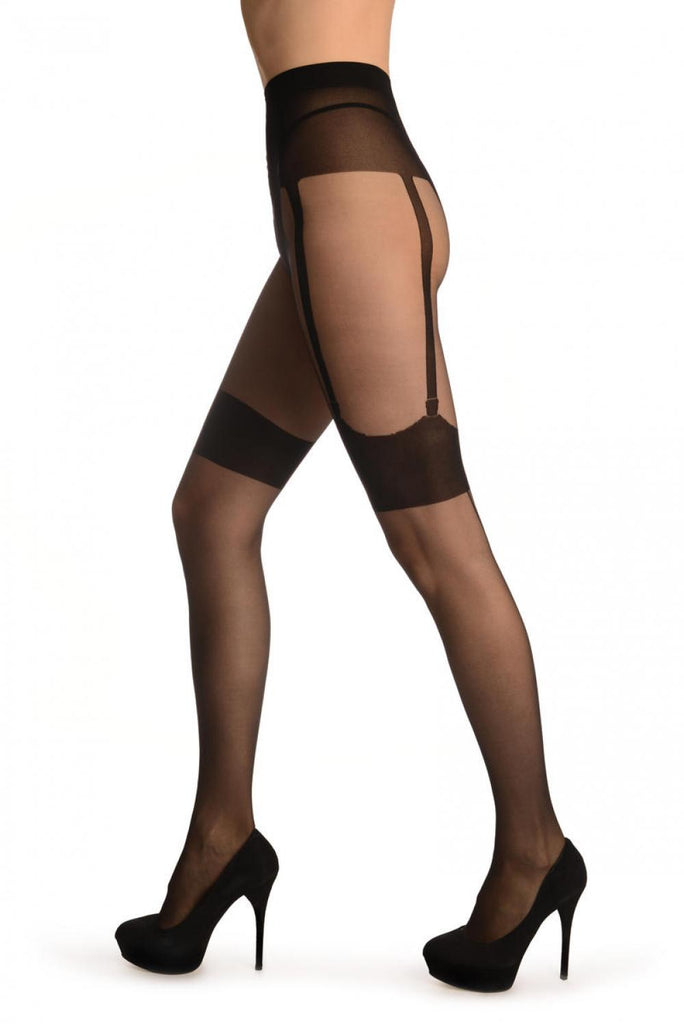 Liss Kiss Black With Back Seam & Faux Clip On Suspenders - Tights