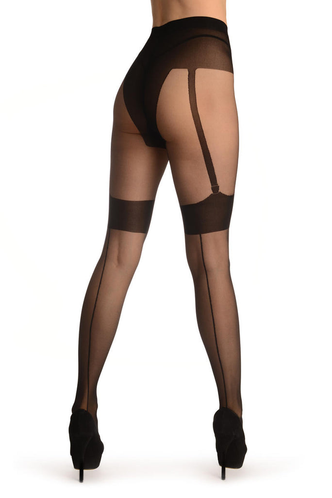 liss kiss Black With Back Seam & Faux Clip On Suspenders - Tights