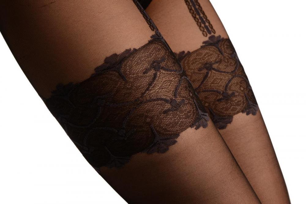 Liss Kiss Black With Barocco Lace Faux Suspender Belt - Tights