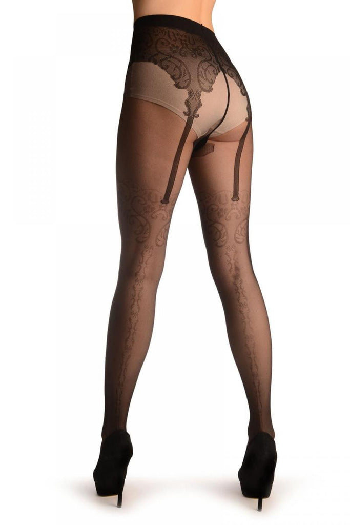 Liss Kiss Black With Barocco Lace Seam & Faux Suspenders - Tights