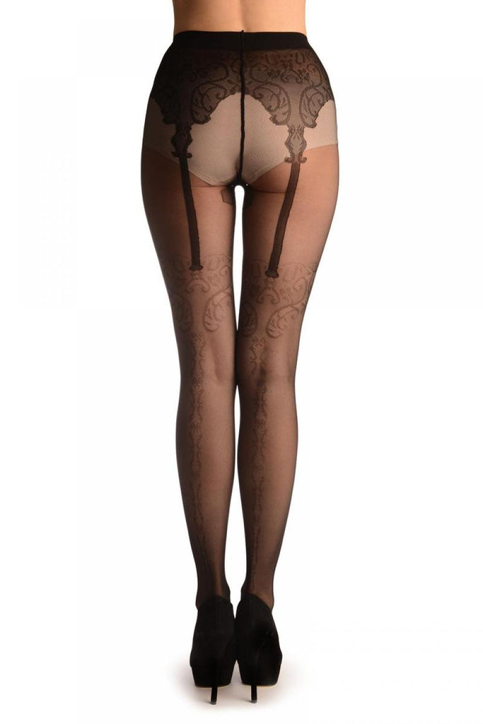 liss kiss Black With Barocco Lace Seam & Faux Suspenders - Tights