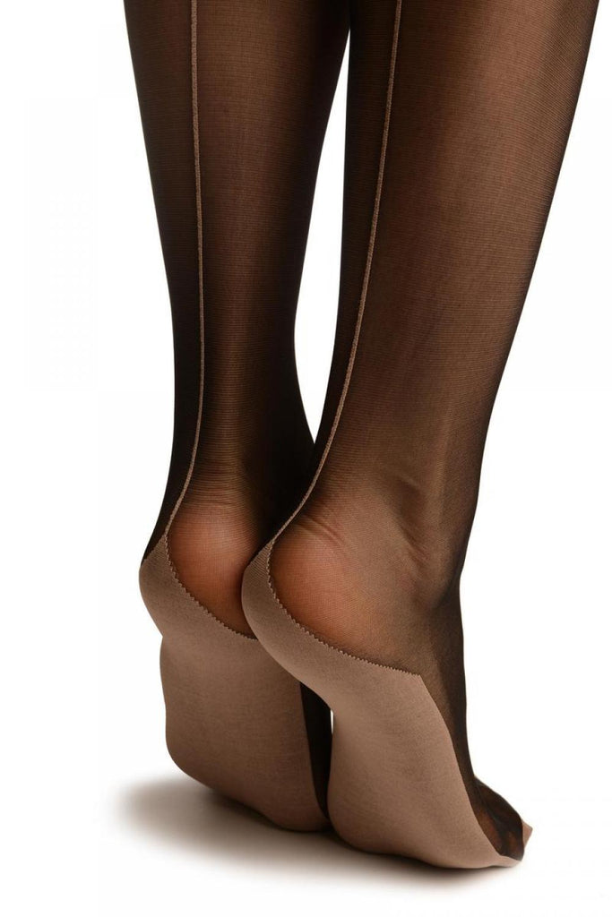 Liss Kiss Black With Beige Seam And Silicon Floral Garter - Hold Ups