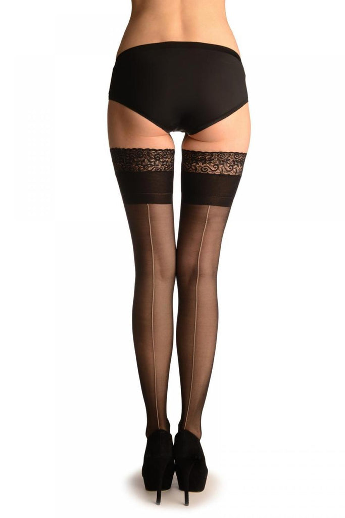 Liss Kiss Black With Beige Seam And Silicon Floral Garter - Hold Ups